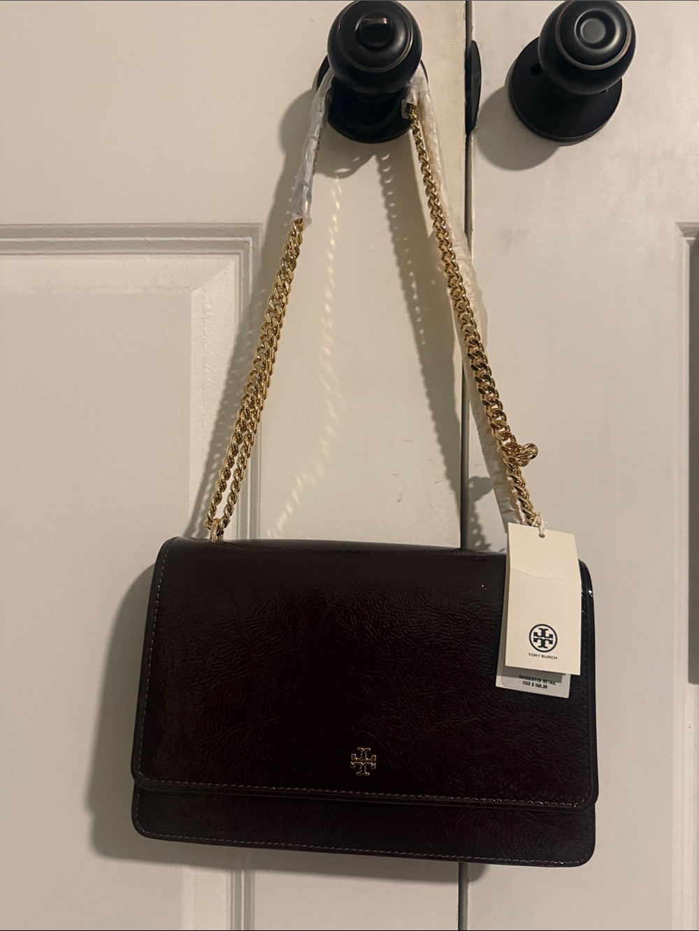 Tory Burch Burgundy Leather Chain Shoulder Bag with Gold Hardware